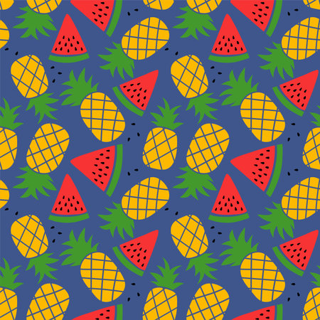 Pineapple and watermelon seamless pattern. Hand drawn vector sketch background. Color doodle wallpaper. Exotic tropical fruit. Fashion design. Food print for kitchen tableclothのイラスト素材