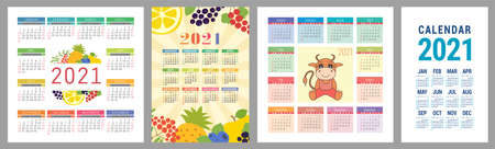 Calendar 2021 year set. Vector pocket calender design template collection. Week starts on Sunday. January, February, March, April, May, June, July, August, September, October, November, Decemberのイラスト素材