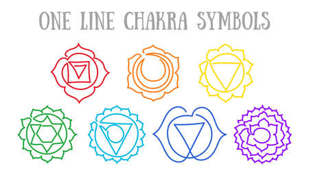 Chakras: muladhara, swadhisthana, manipura, anahata, vishuddha, ajna, sahasrara. Vector line symbol. Om sign. Sacral icon. Meditationのイラスト素材