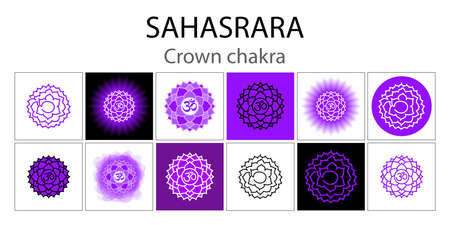 Sahasrara icon set. The seventh crown, parietal chakra. Vector purple gloss and shine. One line symbol. Outline sacral sign. Meditationのイラスト素材