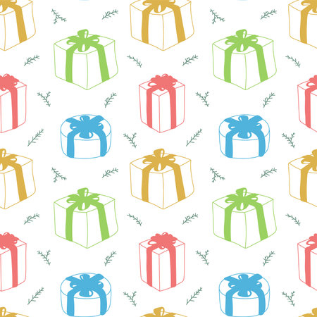 Christmas gifts. Vector sketch. Seamless pattern. Holiday presents. Tree branch