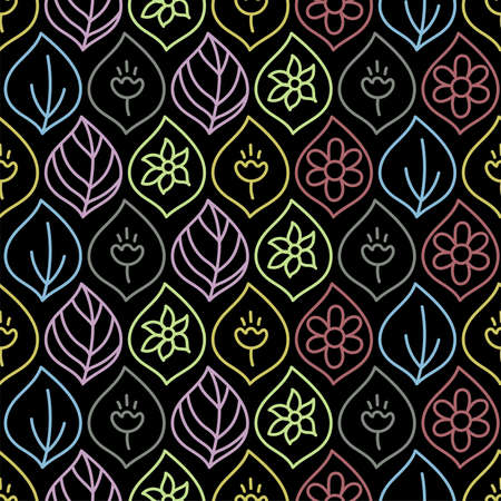 Doodle line leaves. Seamless floral pattern. Fashion print. Design for textile or clothes. Flowers sketch. Hand drawn outline repeating elements. Natural backgroundのイラスト素材