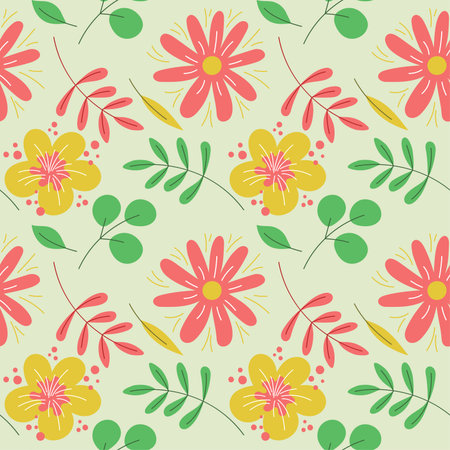 Floral seamless pattern. Vector flowers. Color sketch. Doodle background. Green leaves
