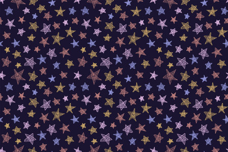 Space stars sketch. Seamless pattern. Hand drawn vector illustration. Pen or marker doodle. Line art silhouettes. Repeat contour drawingのイラスト素材