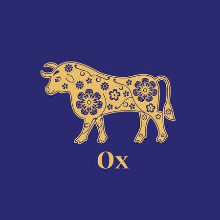 Ilustración de Ox. Chinese horoscope 2021 year. Floral golden ornament. Animal symbol. Bull - Imagen libre de derechos