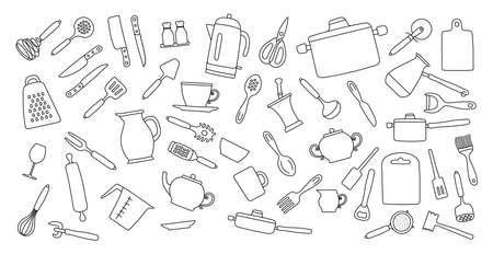 Kitchenware sketch set. Doodle line vector kitchen utensils, tools and cutlery.Kettle, saucepan, cezve, plate, cup and bowl. Whisk, spoon, knife, scissors, ladle and spatulaのイラスト素材