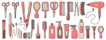 Hairdressing equipment line sketch. Professional hair dresser tools. Hand drawn doodle icons set. Vector illustration. Barber symbols collection. Hairdryer, scissors, comb, mirror, straightener and curlerのイラスト素材