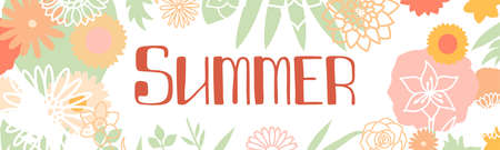 Summer banner. Flowers. Doodle vector hand drawn sketch floral collection. Chamomile, rose, sunflower, lotus, lily and gerbera. Letteringのイラスト素材