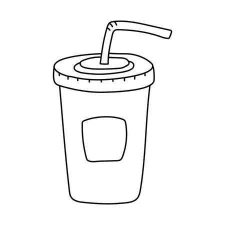 Cup of soda drink. Fast food sketch. Cartoon black and white line illustration. Vector hand drawn icon for restaurant menu or coloring book for kidsのイラスト素材