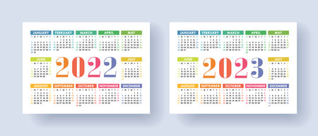 Calendar 2022 and 2023 year set. Vector template collection. Week starts on Sunday. January,...