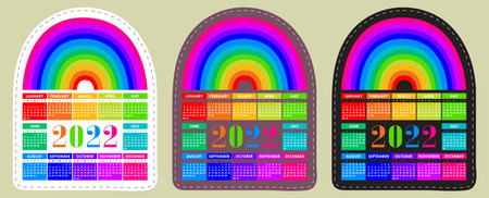 Calendar sticker 2022 with rainbow. English colorful vector horizontal wall or pocket calender...
