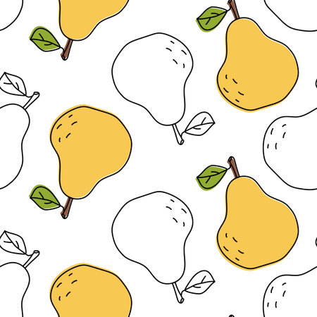 Pear seamless pattern. Fruit with leaves sketch. Color food vector illustrationのイラスト素材