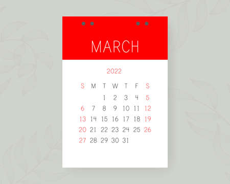 March Ñalendar 2022. English vector calender page on wall background with leaves. Week starts on Sundayのイラスト素材
