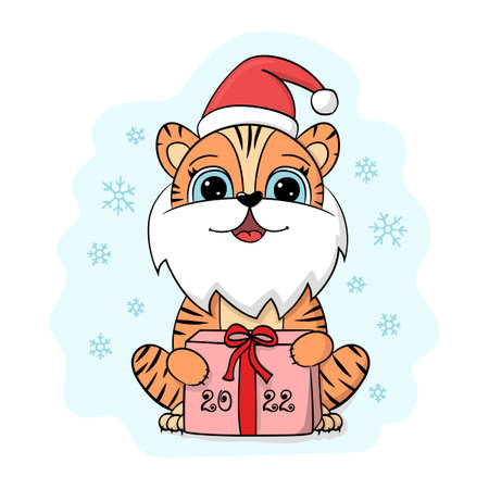 Tiger with beard and santa hat illustration. Cartoon Chinese New year 2022 horoscope. Animal symbol color vectorのイラスト素材