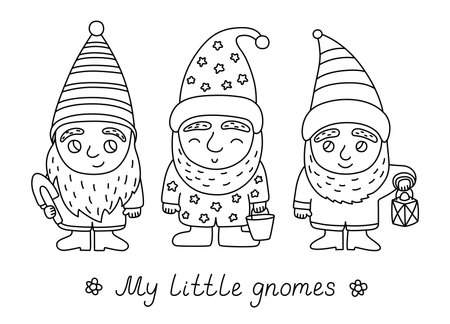 Little gnomes. Hand drawn line doodle garden gnome sketch. Black and white outline vector illustration. Cute dwarfs characters with bucket, lantern, shovelのイラスト素材