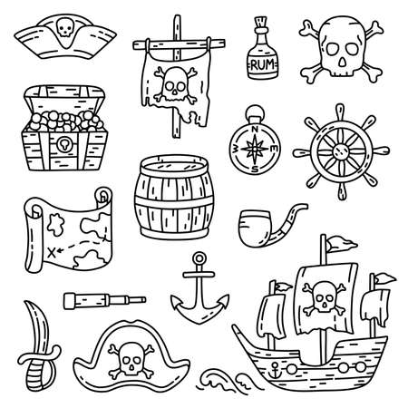 Pirate bundle outline sketch. Hat, flag, ship and skull with bones. Pirate emblem, bottle of rum, compass and treasure chest. Barrel, map, pipe, anchor and dagger. Vector itemsのイラスト素材