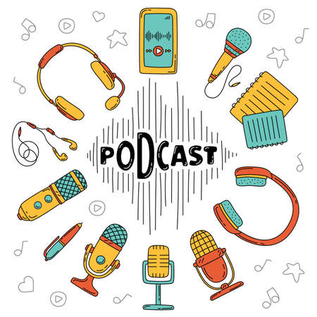 Podcast items set. Cover or banner for broadcast. Microphone, headphones, headset, smartphone hand drawn vector icon bundleのイラスト素材