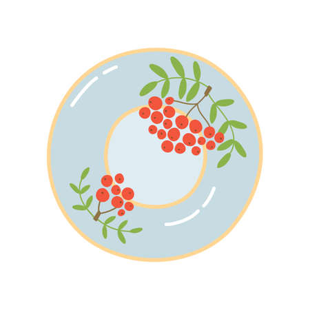Ceramic plate. Kitchenware. Porcelain dish with decorative element. Hand drawn ornamented dishware. Vector illustration.のイラスト素材