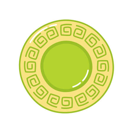 Ceramic plate. Kitchenware. Porcelain dish with decorative element. Hand drawn green ornamented dishware. Vector illustration.のイラスト素材