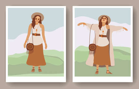 Boho outfit. Portrait of woman in bohemian look. Stylish girl wearing casual clothes. Hand drawn vector illustration.のイラスト素材