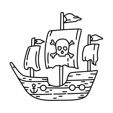 Pirate ship sketch. Doodle hand drawn illustration. Vector line iconのイラスト素材