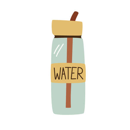 Tourist reusable bottle with water straw sketch. Hiking item. Vector illustrationのイラスト素材