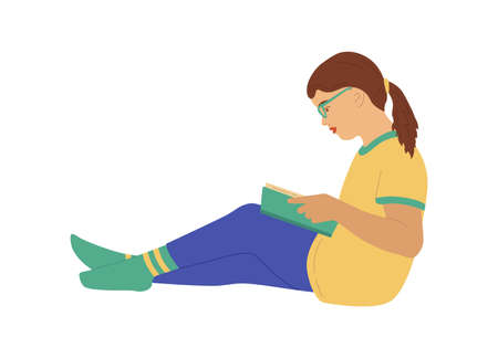 Child with book. A young girl sitting and reading. Schoolgirl preparing for the exam. literature fan. Vector illustrationのイラスト素材