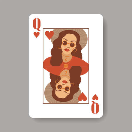 Queen of hearts. Playing card. Portrait of woman in bohemian look. Stylish girl wearing casual clothes. Hand drawn vector illustration.のイラスト素材