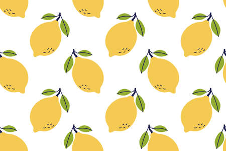Lemon fruit seamless pattern. Hand drawn vector illustration. Exotic food. Yellow citrus with leavesのイラスト素材