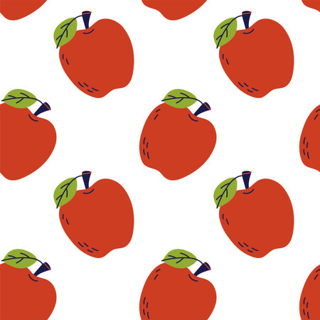 Red apple fruit with leaf. Seamless pattern. Hand drawn vector illustration. Sweet natural food.のイラスト素材