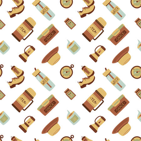 Hiking seamless pattern. A set of items for the hike. Compass, matches, sneakers, toilet paper. Tourist bundle sketch. Vector illustration.のイラスト素材
