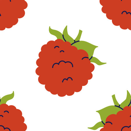 Raspberry seamless pattern. Hand drawn vector illustration. Sweet berry. Color fruits.