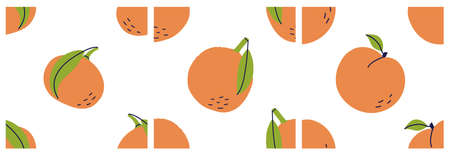 Mandarin, orange, peach and tangerine. Exotic citrus fruit seamless pattern bundle. Color illustration collection. Vector set.のイラスト素材