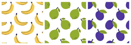 Banana, lime and plum. Fruit seamless pattern bundle. Color illustration collection in hand-drawn style. Vector repeat background set.のイラスト素材