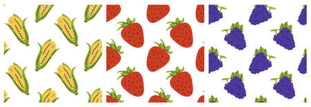 Corn, strawberry and grape. Fruit seamless pattern bundle. Color illustration collection in hand-drawn style. Vector repeat background set.のイラスト素材