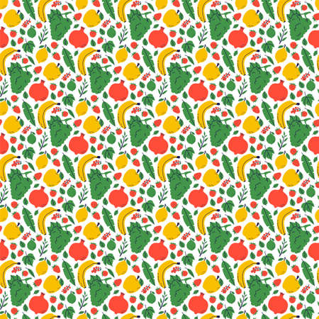 Fruit seamless pattern. Garnet, banana and grape. Color illustration in hand-drawn style. Vector repeat backgroundのイラスト素材