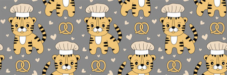 Tiger chef with a hat. Seamless pattern. Pretzel and hearts. Cartoon illustration. Chinese New year 2022 horoscope. Animal symbol color vectorのイラスト素材