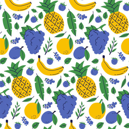 Exotic fruit seamless pattern. Pineapple, banana and orange. Color illustration in hand-drawn style. Vector repeat backgroundのイラスト素材