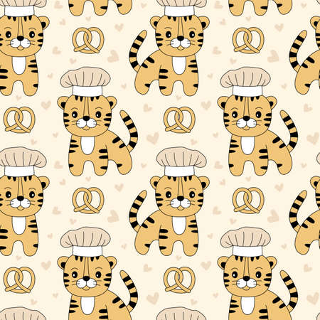 Tiger chef with a hat. Seamless pattern. Pretzel and hearts. Cartoon illustration. Chinese New year 2022 horoscope. Animal symbol color vector.のイラスト素材