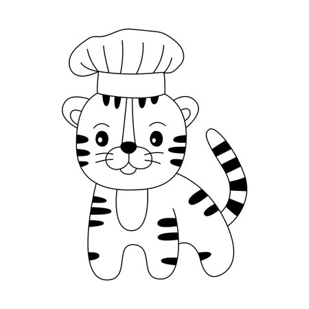 Tiger chef with a hat sketch. Cartoon black and white illustration. Chinese New year 2022 horoscope. Animal symbol color vector.のイラスト素材