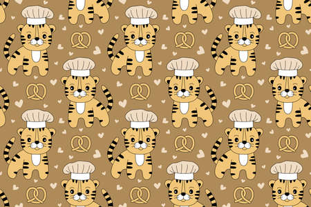 Tiger chef with a hat. Seamless pattern. Pretzel and hearts. Cartoon illustration. Chinese New year 2022 horoscope. Animal symbol color vector.のイラスト素材