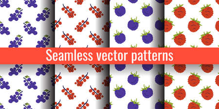 Red and black currants. Blackberry and raspberry. Fruit seamless pattern bundle. Color illustration collection in hand-drawn style. Vector repeat background set.のイラスト素材