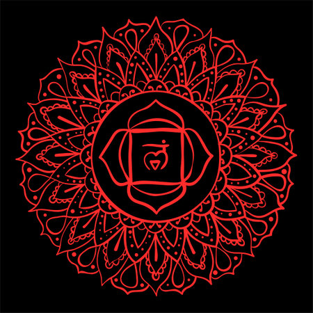 Muladhara art. The first sacral chakra. Hand drawn sloppy style. Vector red symbol. Meditation signのイラスト素材