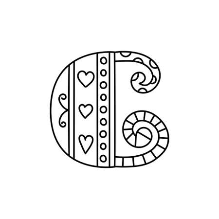 Doodle letter C. Hand drawn line ABC. sketch alphabet. Kids illustration for coloring book. Editable outline.のイラスト素材