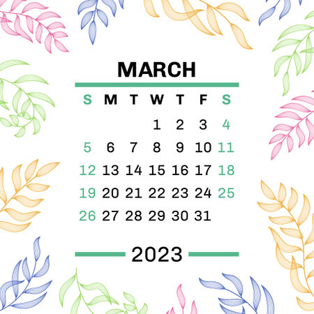 March. Calendar 2023. Leaves. vector leaf. Hand drawn repeating elements. fashion design print. natural background.のイラスト素材