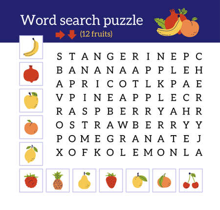 Word search puzzle. fruit collection. Orange, pomegranate, apricot, banana, pineapple, cherry, apple, tangerine, strawberry, pear, peach and raspberry.のイラスト素材