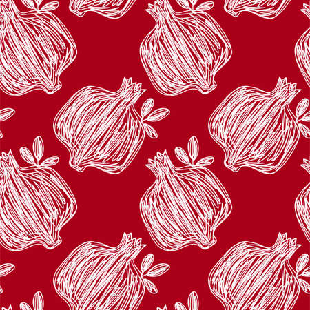Pomegranate fruit sketch pattern. color vector illustration. Pen or marker doodle drawing.のイラスト素材