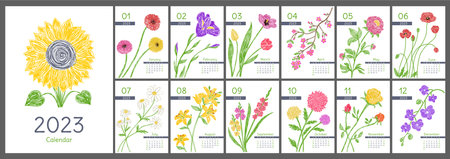 Calendar 2023 year. Sunflower, rose, tulip flowers. Calender design. Botanical illustrations. Hand drawn vector pen or marker doodle sketch. natural pencil drawing.のイラスト素材