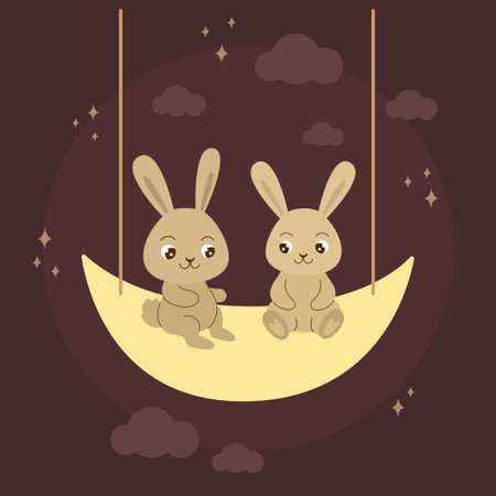A couple of rabbits on the moon ride like a swing. cartoon bunnies illustration. animal characters. Cute hare love.のイラスト素材
