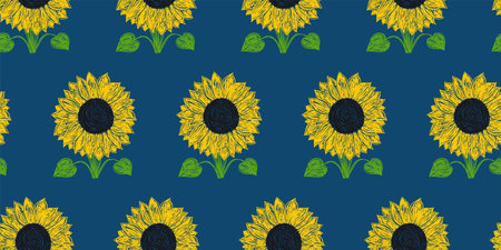 Yellow sunflowers seamless pattern. Hand drawn floral vector illustrations. Pen or marker flower sketch. natural pencil drawing.のイラスト素材
